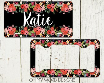 Personalized License Plate-Personalized License Plate Frame-Watercolor Flowers Car Tag-Car Tag Frame-License Plate Frame-Flowers Car Tag