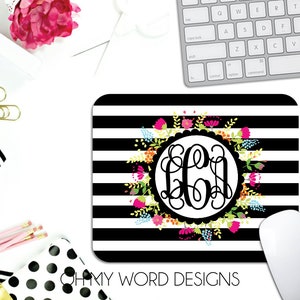 Monogram Mouse Pad-Monogram Mouse Pad-Personalized Mouse Pad-Desk Accessories-Flowers-Stripes-Desk-Monograms