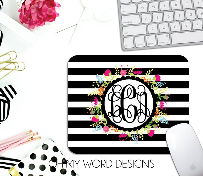 Monogram Mouse Pad-Monogram Mouse Pad-Personalized Mouse Pad-Desk Accessories-Flowers-Stripes-Desk-Monograms image 1