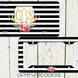 Monogram Car Tag-Personalized License Plate-Monogrammed License Plate-Flower Car Tag-Deer Antler Car Tag-License Plate Frame-Deer Antlers