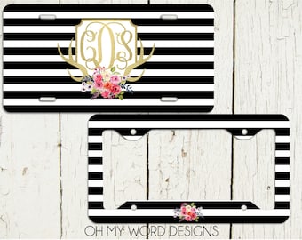 Monogram Car Tag-Personalized License Plate-Monogrammed License Plate-Flower Car Tag-Deer Antler Car Tag-License Plate Frame-Deer Antlers