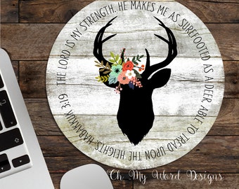 Mouse Pad-Scripture Mouse Pad-Habakkuk 3:19-Deer Mouse Pad-Desk Accessories-Round Mouse Pad-Distressed Wood Mouse Pad