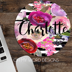 Personalized Mouse Pad-Monogram Mouse Pad-Desk Accessories-Watercolor Flowers-Round Mouse Pad-Rugby Stripes and Dots