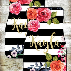 Personalized Car Mats-Car Accessories-Car Mats-Personalized Car Mats-Watercolor Flower Car Mats-Preppy Stripes