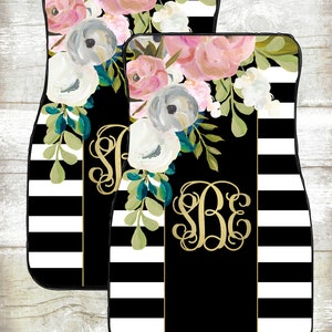 Monogram Car Mats-Car Accessories-Car Mats-Personalized Car Mats-Monograms-Stripe Car Mats-Watercolor Flowers-Floor Mats