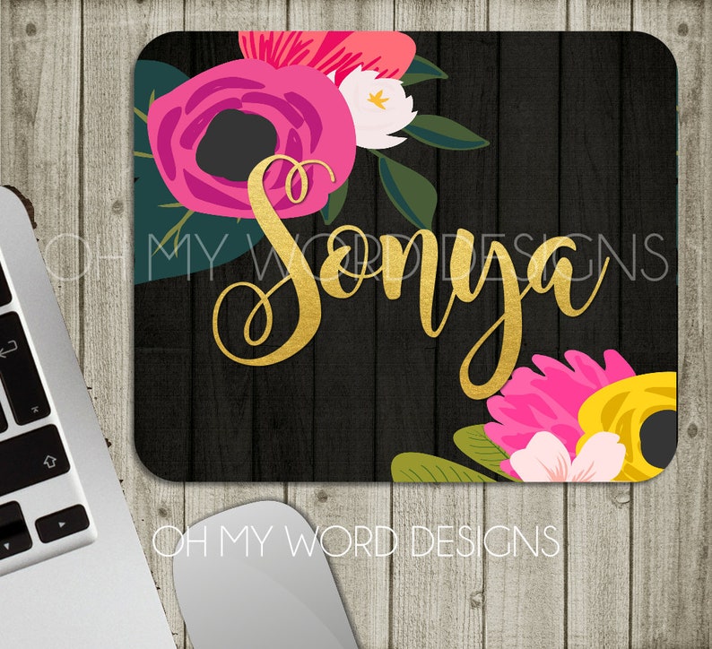 Personalized Mouse Pad-Monogram Mouse Pad-Desk Accessories-Watercolor Flowers-Round Mouse Pad-Desk Mat immagine 3