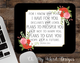 Jeremiah 29:11 Mouse Pad-Scripture Mouse Pad-Mouse Pad-Desk Accessories-Bible Verse-Water Color Flowers