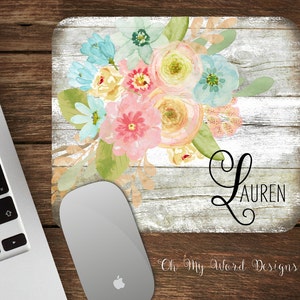 Watercolor Floral Shabby Chic Mouse Pad-Monogram Mouse Pad-Personalized Mouse Pad-Desk Accessories-Floral Mouse Pad