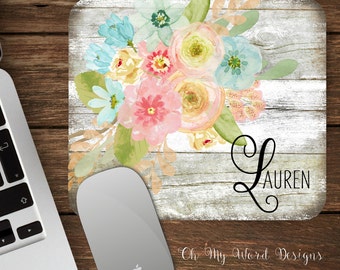 Watercolor Floral Shabby Chic Mouse Pad-Monogram Mouse Pad-Personalized Mouse Pad-Desk Accessories-Floral Mouse Pad