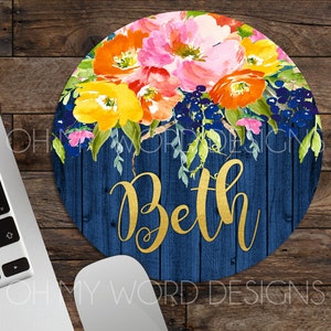 Personalized Mouse Pad-Monogram Mouse Pad-Desk Accessories-Watercolor Flowers-Round Mouse Pad-Desk Mat-Office Decor