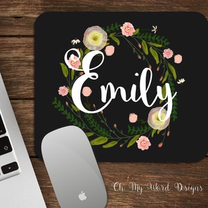 Monogram Mouse Pad-Monogram Mouse Pad-Personalized Mouse Pad-Desk Accessories-Watercolor Flower Wreath-Round Mouse Pad