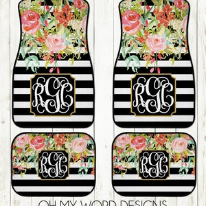 Monogram Car Mats-Car Accessories-Car Mats-Personalized Car Mats-Monograms-Stripe Car Mats-Watercolor Flowers