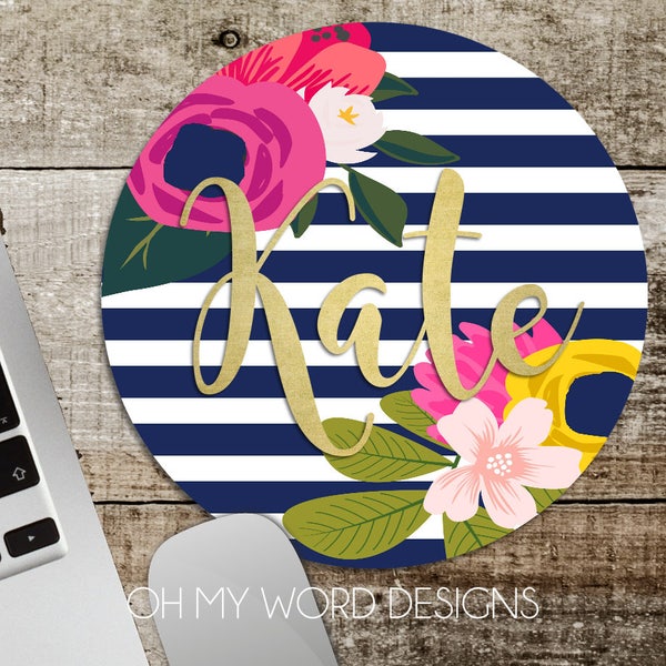 Personalized Mouse Pad-Monogram Mouse Pad-Desk Accessories-Watercolor Flowers-Round Mouse Pad-Rugby Stripes