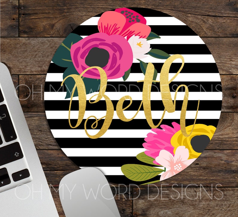 Personalized Mouse Pad-Monogram Mouse Pad-Desk Accessories-Watercolor Flowers-Round Mouse Pad-Desk Mat immagine 2