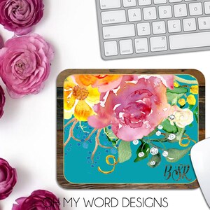 Monogram Mouse Pad-Desk Accessories-Watercolor Flowers-Monograms-Mouse Pad-Flowers-Desk-Personalized Mouse Pad-Office Decor