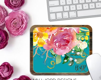 Monogram Mouse Pad-Desk Accessories-Watercolor Flowers-Monograms-Mouse Pad-Flowers-Desk-Personalized Mouse Pad-Office Decor