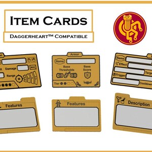 May include: A collection of gold-colored item cards for a tabletop game, with labels like "Weapon," "Armor," and "Features." The cards have white boxes for text and are labeled "Daggerheart Compatible."