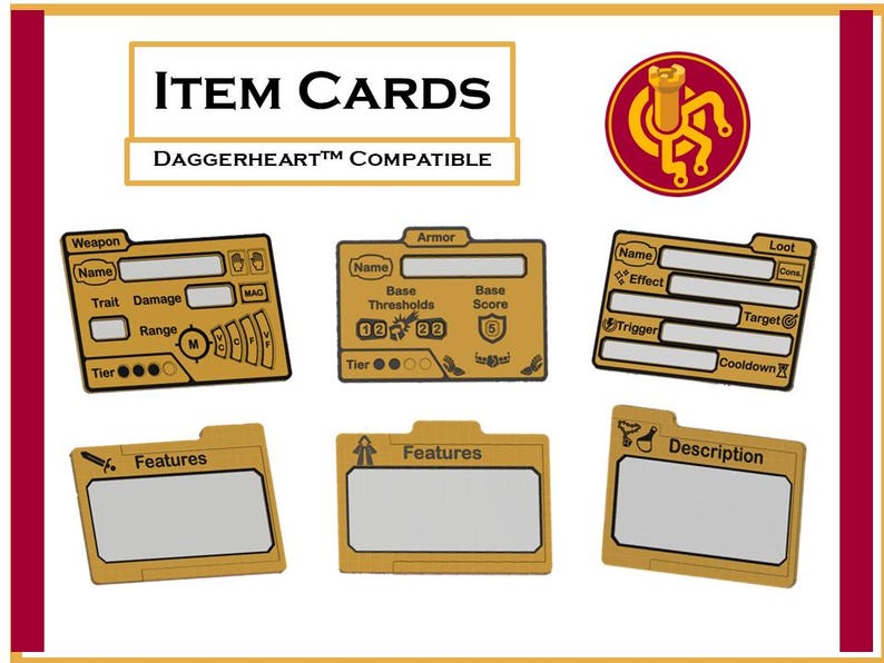 May include: A collection of gold-colored item cards for a tabletop game, with labels like "Weapon," "Armor," and "Features." The cards have white boxes for text and are labeled "Daggerheart Compatible."