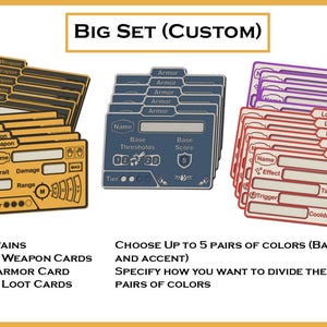 May include: A Big Set of custom game cards in yellow, blue, and red. The set includes 10 weapon cards, 5 armor cards, and 10 loot cards. The cards have spaces for names, traits, damage, and other game-related information.