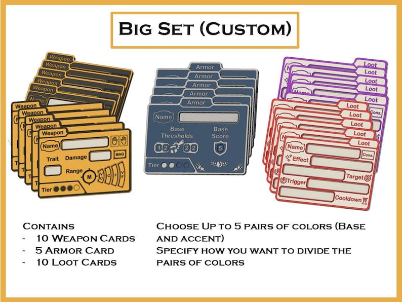 May include: A Big Set of custom game cards in yellow, blue, and red. The set includes 10 weapon cards, 5 armor cards, and 10 loot cards. The cards have spaces for names, traits, damage, and other game-related information.
