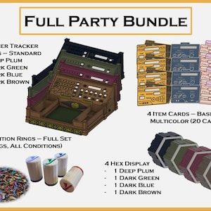 May include: A Full Party Bundle for tabletop gaming, including player tracker boards, item cards, condition rings, and hex displays. The set features items in dark plum, green, blue, and brown. The image includes text that reads "Full Party Bundle".