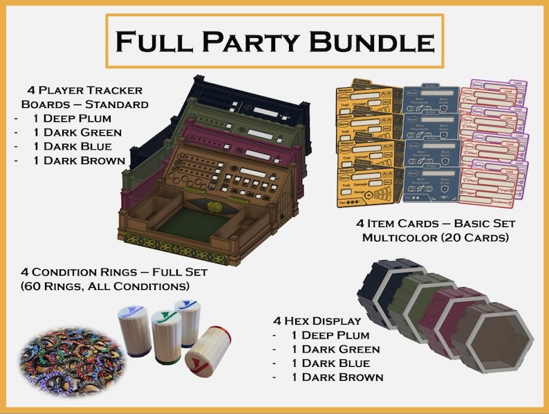 May include: A Full Party Bundle for tabletop gaming, including player tracker boards, item cards, condition rings, and hex displays. The set features items in dark plum, green, blue, and brown. The image includes text that reads "Full Party Bundle".