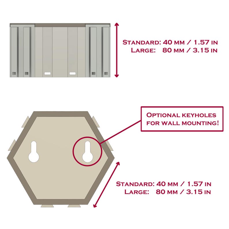 May include: Diagram of a wall-mounting product, showing top and side views. The top view shows a rectangular shape, while the side view is a hexagon. Text indicates standard and large sizes: 1.57 in and 3.15 in. Includes text: "Optional keyholes for wall mounting!"