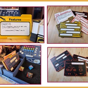 May include: A collection of game components, including cards and a yellow folder-shaped container labeled "Features." The cards have fields for "Name," "Effect," "Trigger," and "Cooldown." The folder reads "VERSATILE" and includes text about weapon statistics.