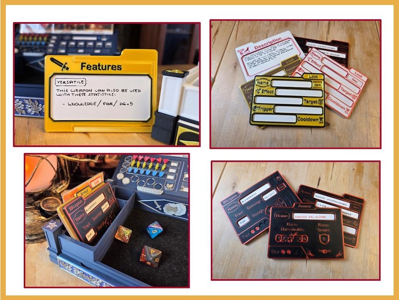 May include: A collection of game components, including cards and a yellow folder-shaped container labeled "Features." The cards have fields for "Name," "Effect," "Trigger," and "Cooldown." The folder reads "VERSATILE" and includes text about weapon statistics.