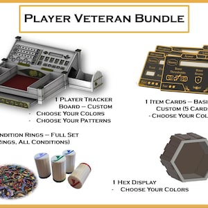 May include: An image of a Player Veteran Bundle, including a player tracker board, item cards, condition rings, and a hex display. The text on the image says "Choose Your Colors" and "Choose Your Patterns".