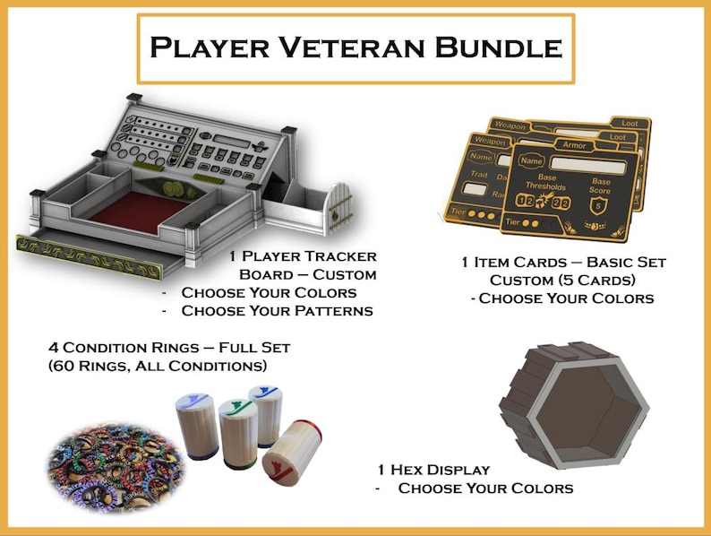 May include: An image of a Player Veteran Bundle, including a player tracker board, item cards, condition rings, and a hex display. The text on the image says "Choose Your Colors" and "Choose Your Patterns".