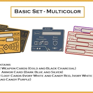 May include: A Basic Set of game cards in gold, black, dark blue, silver, ivory white, candy red, and candy purple. The set includes weapon, armor, and loot cards with spaces for names, traits, damage, and other game-related information. The text "BASIC SET - MULTICOLOR" is at the top.