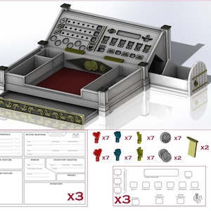 May include: A silver-colored tabletop game organizer with a red interior and a drawer. Includes game pieces and character sheets. The organizer has multiple compartments and a decorative gold trim.
