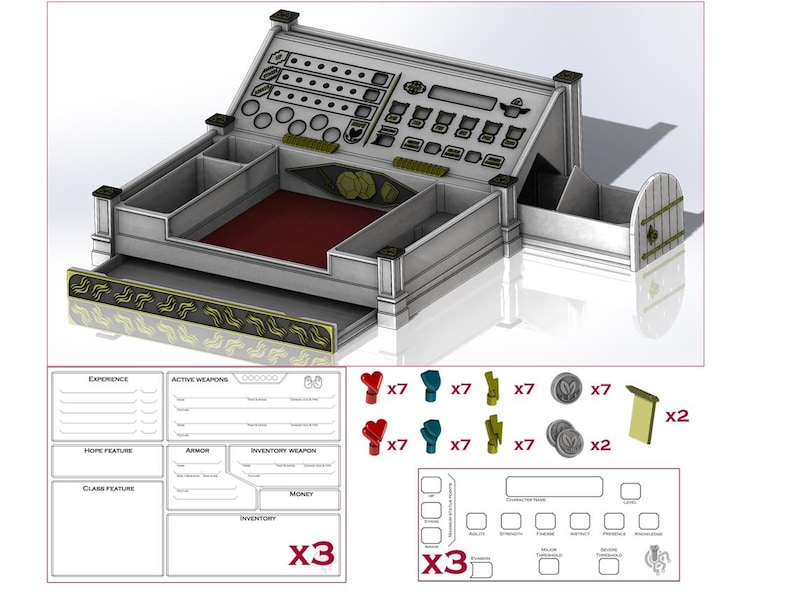 May include: A silver-colored tabletop game organizer with a red interior and a drawer. Includes game pieces and character sheets. The organizer has multiple compartments and a decorative gold trim.