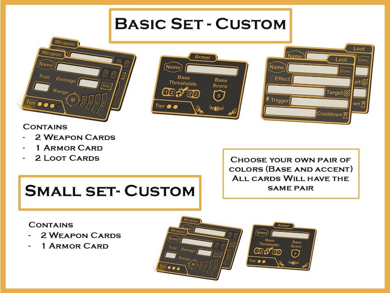 May include: Customizable card game set with black and gold cards. The image shows a Basic Set and a Small Set, each containing different card types like Weapon, Armor, and Loot cards. Text on the image includes "Choose your own pair of colors".