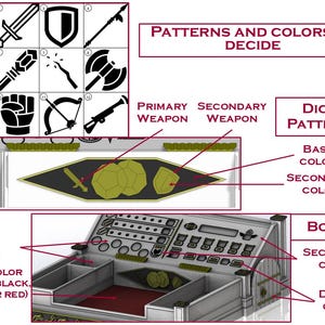 May include: An illustration of a game design interface with weapon icons, color options, and text. The design includes a tray with color options, a dice pattern, and a body with secondary color details. The text reads "Patterns and Colors to Decide."
