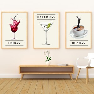 POBIERANIE CYFROWE – Zestaw 3-częściowych cyfrowych grafik ściennych Weekend Vibes | Piątkowe wino, sobotnie martini, niedzielna kawa | Sztuka do druku w proporcjach 2:3