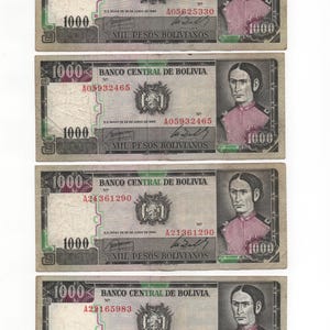 May include: Four Bolivian 1000 Mil Pesos Bolivianos banknotes. Each note features a portrait of a man in a pink jacket and the text "BANCO CENTRAL DE BOLIVIA". The notes have serial numbers and a coat of arms.