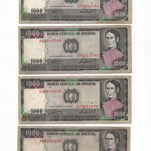 May include: Four Bolivian 1000 pesos banknotes. Each note displays a portrait of a man in a pink jacket and the text "BANCO CENTRAL DE BOLIVIA". The notes have serial numbers and the text "MIL PESOS BOLIVIANOS".