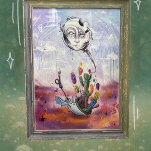 Surreale Kaktus Kreatur Poster, Psychedelische Wandkunst, Magische Skizze Illustration, Verträumtes Botanisches Dekor, Fantasy, Bunter Trippy Druck
