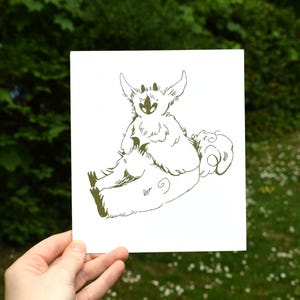 May include: A black and white line drawing of a furry creature with large ears and a long tail. The creature is sitting on a cloud-like object.