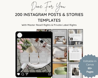 Ensemble de modèles Instagram DPP MRR | 200 articles Canva modifiables + histoires | Kit médias sociaux esthétique sans visage | Licence MRR pour la revente