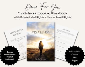 Mindfulness Workbook + eBook Bundle | Editable PLR Canva Journal | Self-Care Digital Download with MRR | Mindset Toolkit PDF