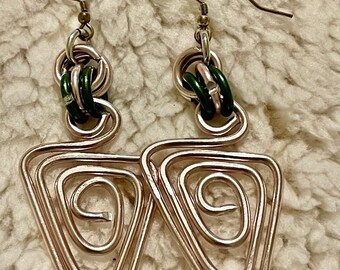 Light Pink and Green triangle earrings with sterling silver ear wire