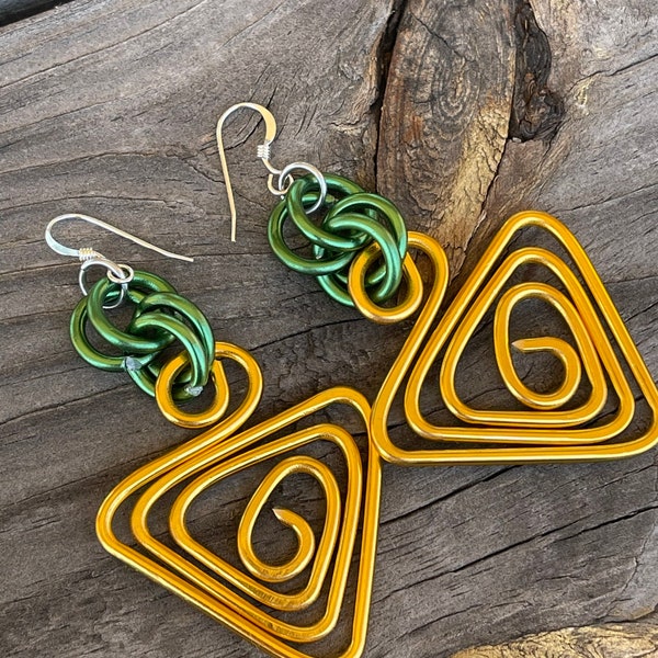 Gold and Green Triangle Chi ETA Phi Wire Earrings with sterling silver ear wire
