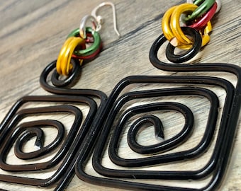 Juneteenth Square Black Aluminum Wire Earrings with Gold Green and Red Accents, Afrocentric Earrings with sterling silver ear wire