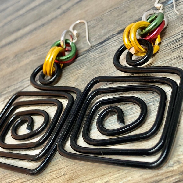 Juneteenth Square Black Aluminum Wire Earrings with Gold Green and Red Accents, Afrocentric Earrings with sterling silver ear wire