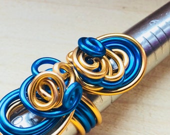 Blue and Gold Cocktail Ring, Anodized Aluminum wire, adjustable long statement ring, Gift for her, Mothers Day, Birthday