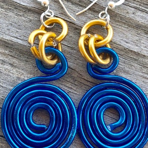 Small Round Blue and Gold Circle Aluminum Wire Earrings with sterling silver ear wire