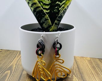 Wakanda inspired gold geometric abstract aluminum wire earrings with sterling silver ear wire